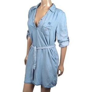 Velvet Heart Chambray Denim Shirt Dress Tie Belt Henley Long Sleeve Size Medium